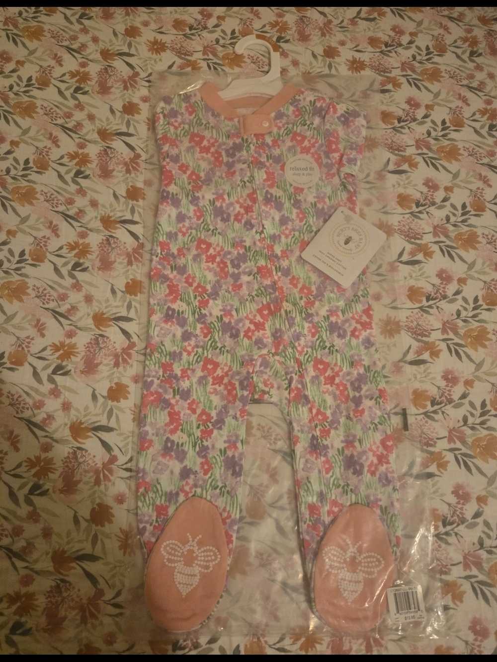 Burts Bees Floral Pink & Purple Baby One-Piece Footed Sleeper 6/9 Months